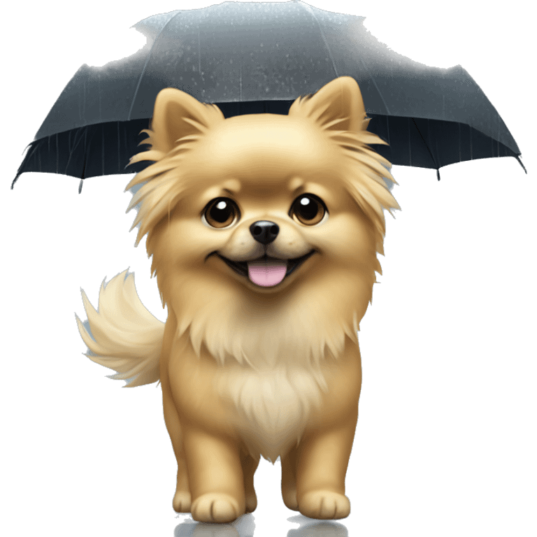 Blonde girl walking little pomeranian under the rain emoji