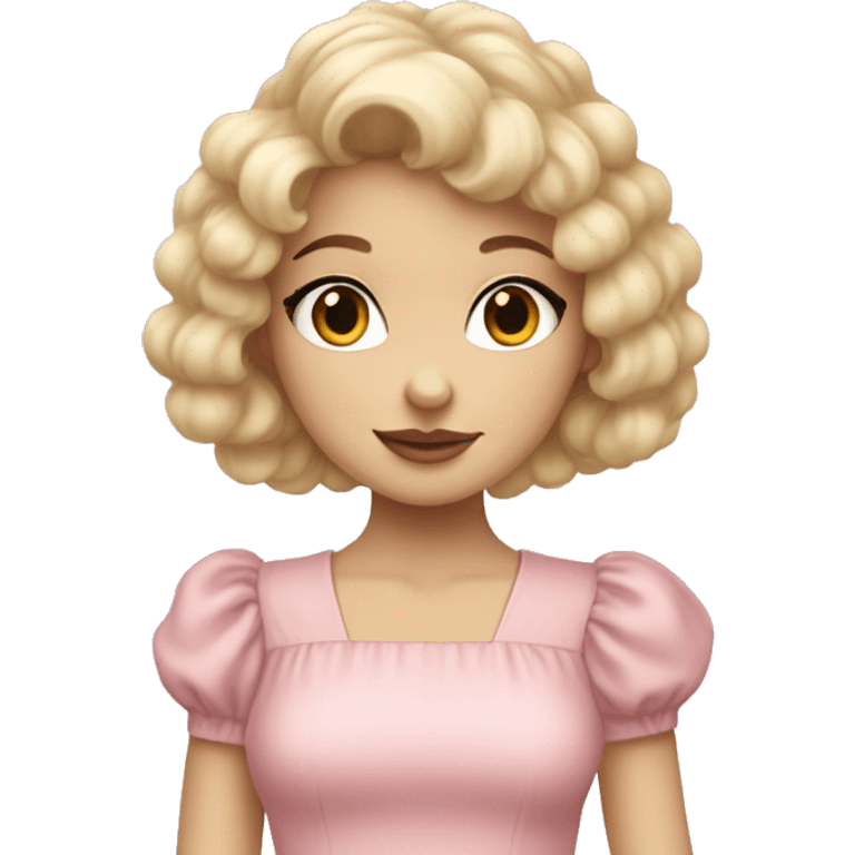 pale girl with bangs and long blonde curly hair and a pastel pink puff sleeve dress emoji