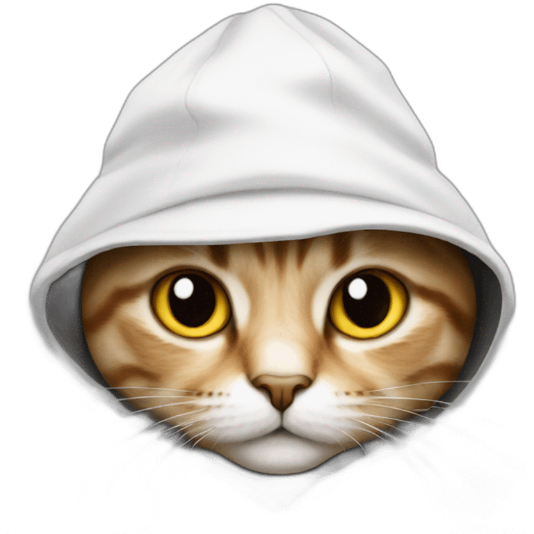 cat wearing a black hat under hood and a white hoodie with the hood up emoji