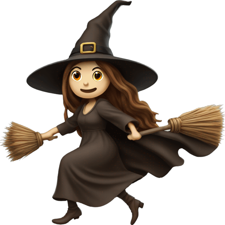 brown very long hair witch flying on a broom european white skin, lean attrative body small feet emoji