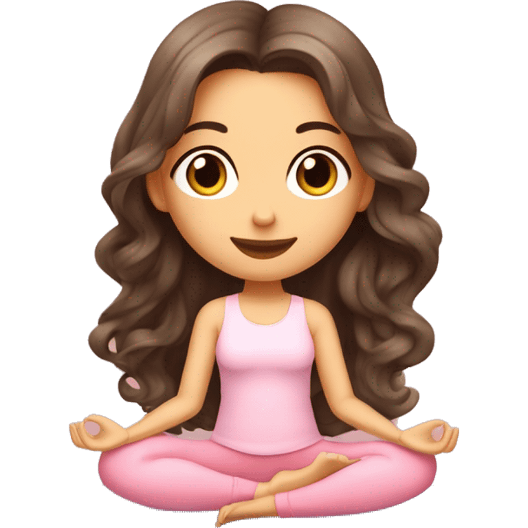 Brunette long curled hair and hazel eyes yoga beautiful girl in light pink clothes sitting on a yoga mat emoji