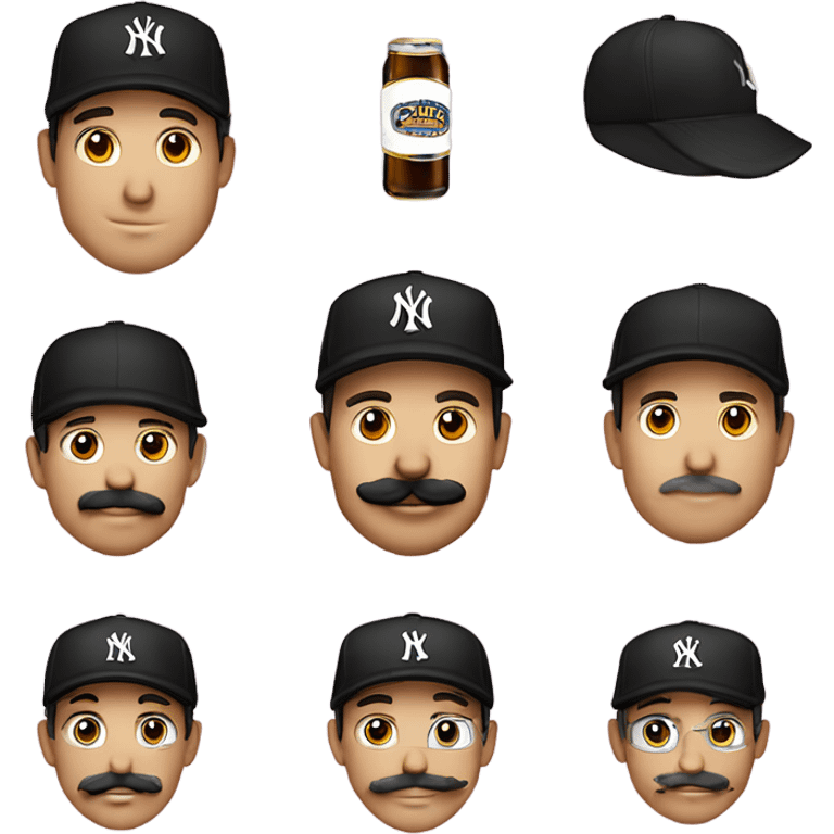 Homme blanc, 30 ans, cheveux courts noir, moustache, casquette noir yankees noir, avec une bière, t-shirt rose emoji