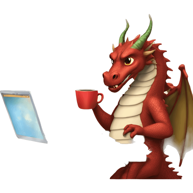 dragon on a laptop, wearing a shirt with the words hump day on it, with a cup of coffee in his right hand emoji