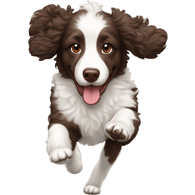 Chocolate doodle, white Australian shepherd, black poodle, gsp running in a line emoji