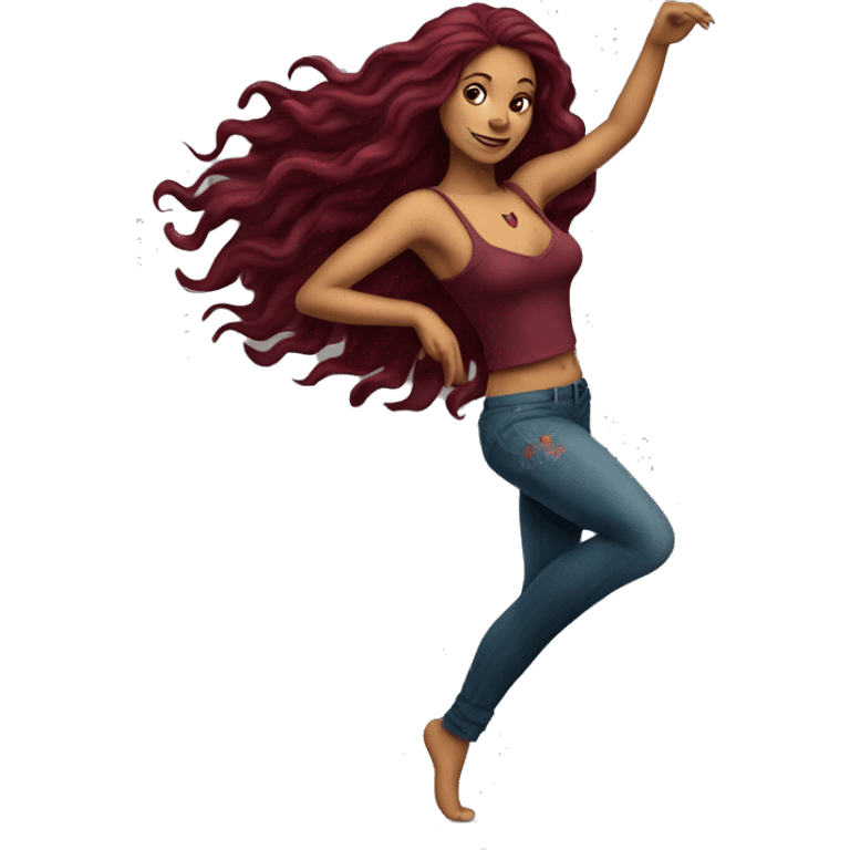 Beautiful tattooed burgundy long haired woman dancing emoji