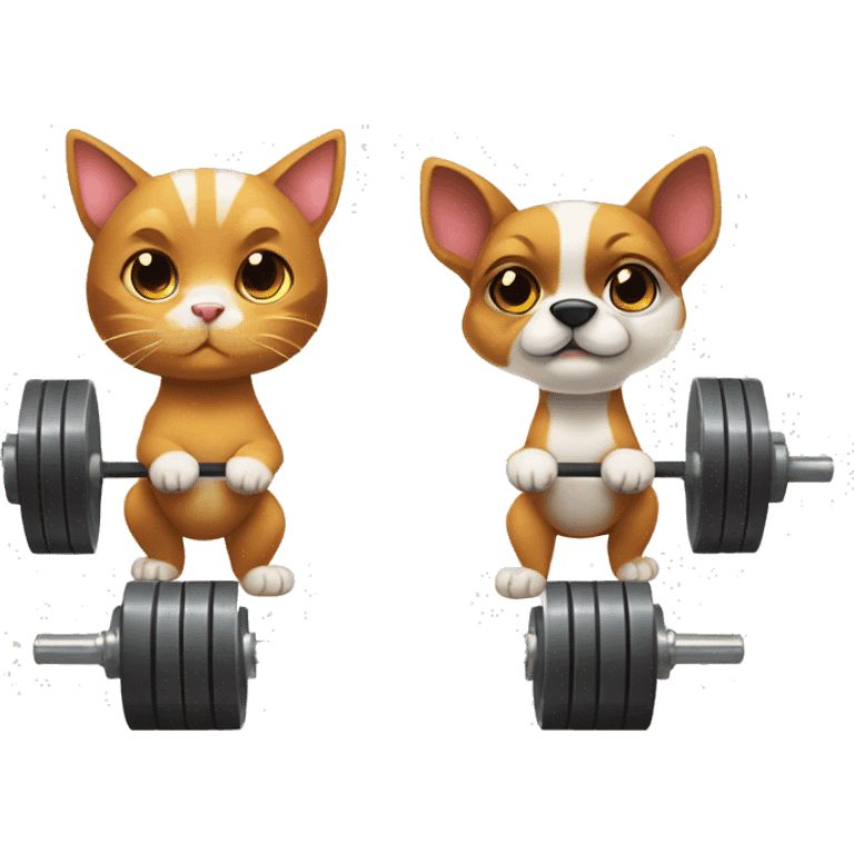 A cute cat and a cute dog doing Olympic weightlifting snatch with a barbell emoji