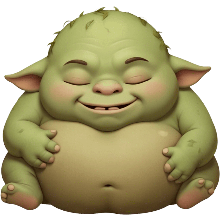 Meme-Worthy Cute Sleeping Ogre Portrait Emoji, with a surprisingly endearing, plump figure in soft earthy greens and browns, head drooping gently with closed, relaxed eyes and a content, sleepy grin, simplified yet adorably detailed, glowing with a soft warm outline that captures the peaceful slumber of a friendly ogre after a day of gentle mischief! emoji