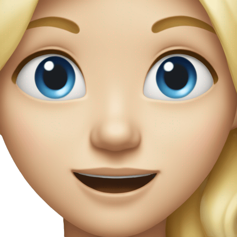 Girl with blonde hair and blue eyes with one eye going crosseyed and big gummy smile emoji