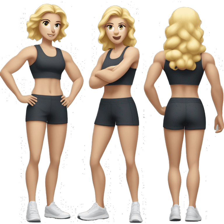 Close up Actively gesturing  with hands Pale skinned Fit woman With the biceps and blonde hair in dark gray Sleeveless Mike, black sports shorts, watch and white Sneakers emoji