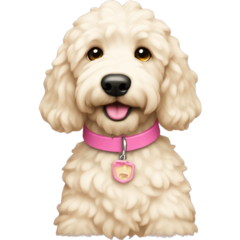 White cream mini golden doodle with pink collar emoji