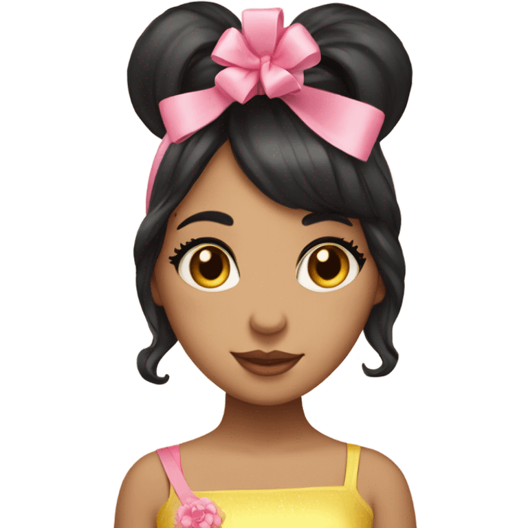 Short dark hair, yellow pink cheeks big lashes girl with a bow on her head. Sparkles bouquet of flowers emoji