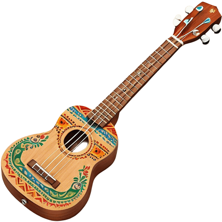 Create a vibrant and artistic emoji representing a ukulele with a Mexican design. The ukulele should feature a bright, colorful body with traditional Mexican patterns, such as geometric shapes, floral motifs, or colorful stripes. Use rich, warm tones like red, yellow, green, and blue to give the instrument a lively, festive look. Highlight the wood grain of the ukulele’s neck and fingerboard, and add subtle details like decorative inlays or a small Mexican flag symbol on the body. The strings should be clearly visible, and the instrument should be in a slightly angled position to showcase its unique design. The background should be transparent. emoji