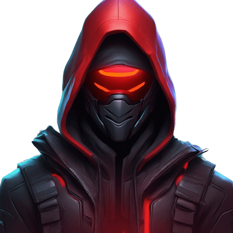 developer behind his laptop with this style : crysis Cyberpunk Valorant neon glowing bright red character dark red black hooded assassin themed character emoji