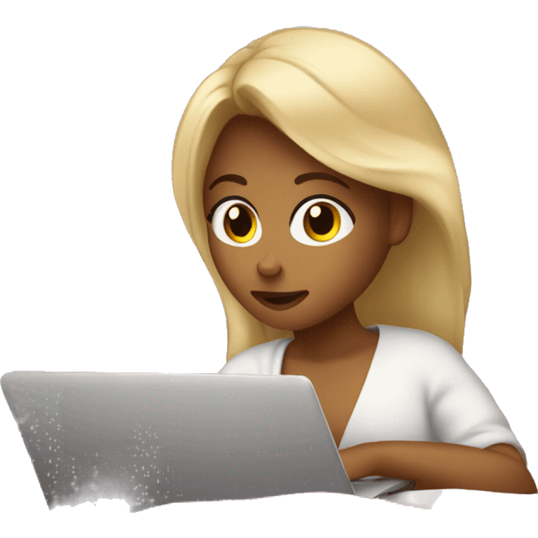 Tanned girl with blonde hair laying in bed watching a movie on a laptop with a blanket around her emoji