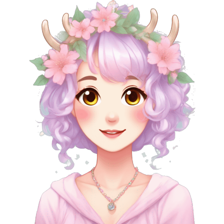 Gorgeous Shiny Colorful Pastel Anime Style Mature Lady with blushing face and pretty hair with a flower crown and antlers pastelcore kawaii cottagecore fairycore aesthetic trending style emoji