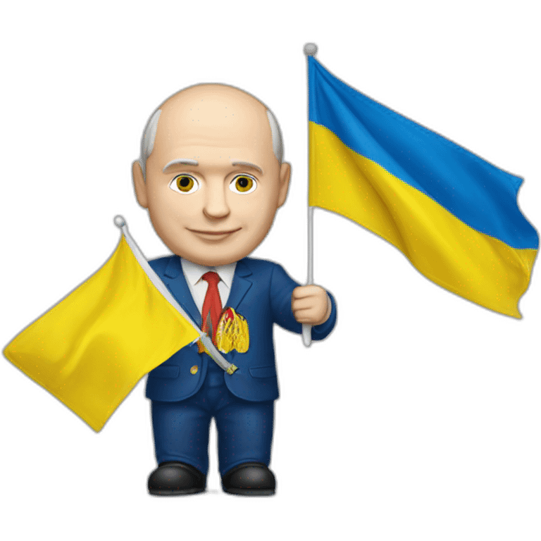 Vladimir Poutine holding Ukrainian flag high details emoji