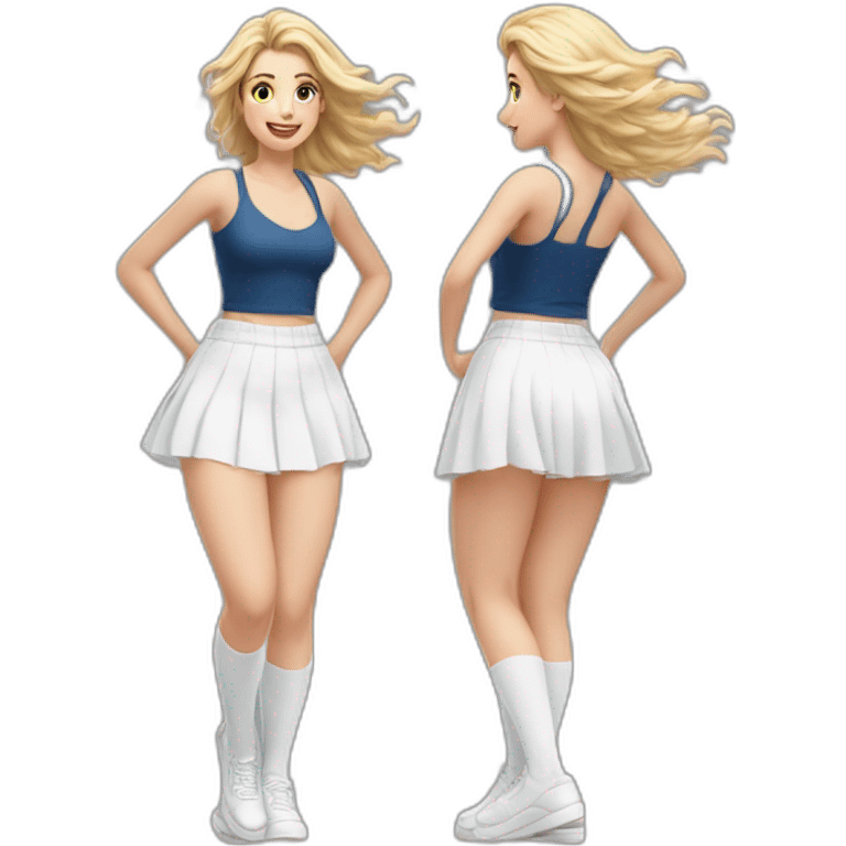 Hyperrealistic Full body Caucasian curvy beauty jumping short white skirt back and front views strong wind knickers long white socks emoji