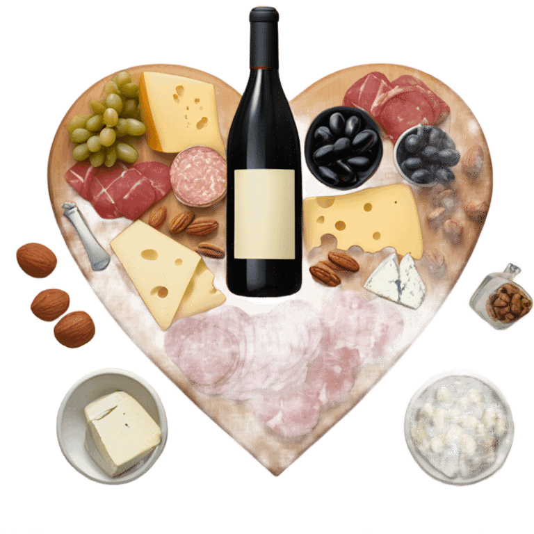 heart shaped charcuterie board with wine emoji