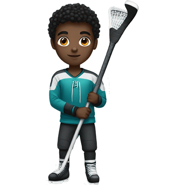 teen boy with dark skin, dark eyes, dark hair, holding a hockey stick emoji