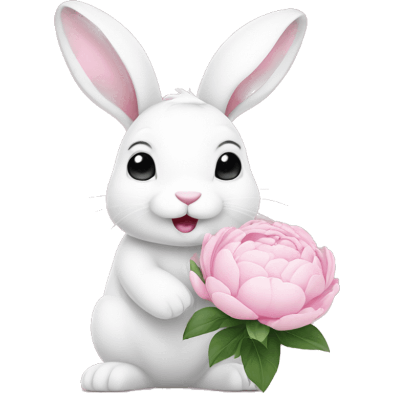 cute white bunny holding light pink peonies emoji