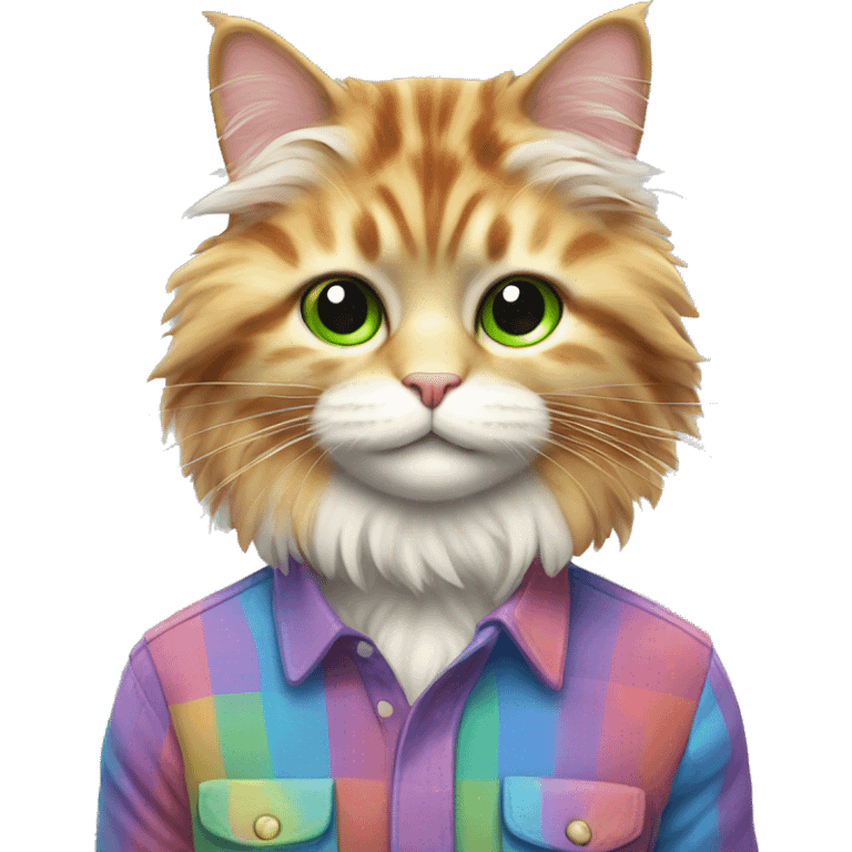 fluffy colorful rainbow cat in a checkered shirt emoji