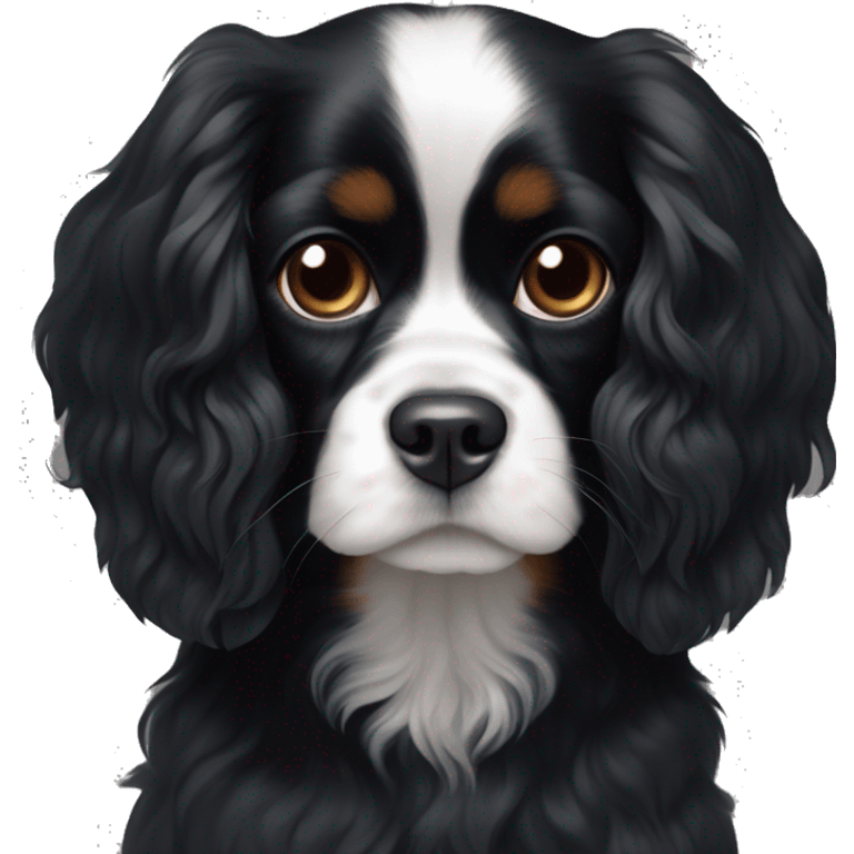 Small completely black Cavalier King Charles spaniel with black fur on his whole face and white fur on chest emoji