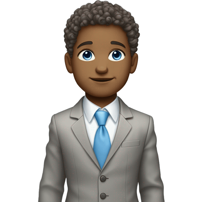 Little young  gentleman wearing a grey suit with light shirt and baby blue tie with blue eyes , white  skin and brown curly hair and full body . Wearing a watch  emoji