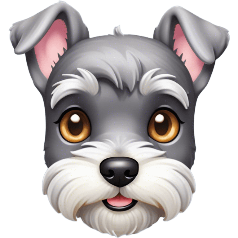 Cinematic Cute Miniature Schnauzer Portrait Emoji, Head cheerfully cocked with expressive, twinkling eyes and a neatly trimmed, adorable salt-and-pepper fur, simplified yet endearingly detailed, glowing with a bright, friendly radiance, high shine, exuding smart and spunky charm, styled with a delicate, whimsical outline, capturing the essence of a cute Miniature Schnauzer that appears ready to scamper off the screen with delightful energy! emoji