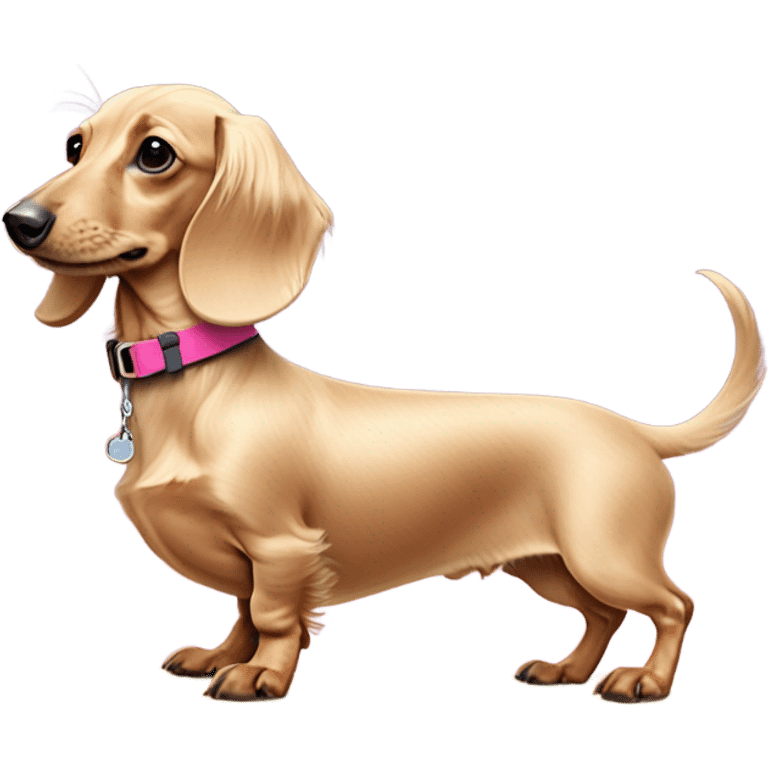 Long haired miniature dachshund cream colour with pink collar  on surfboard emoji