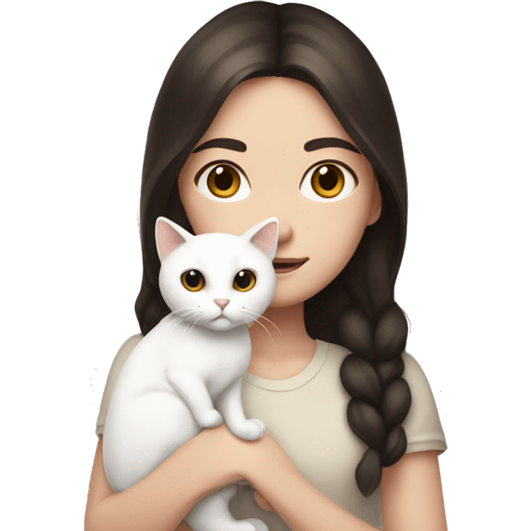 A pale girl with dark brown hair and dark brown eyes holds a white cat in her hands emoji