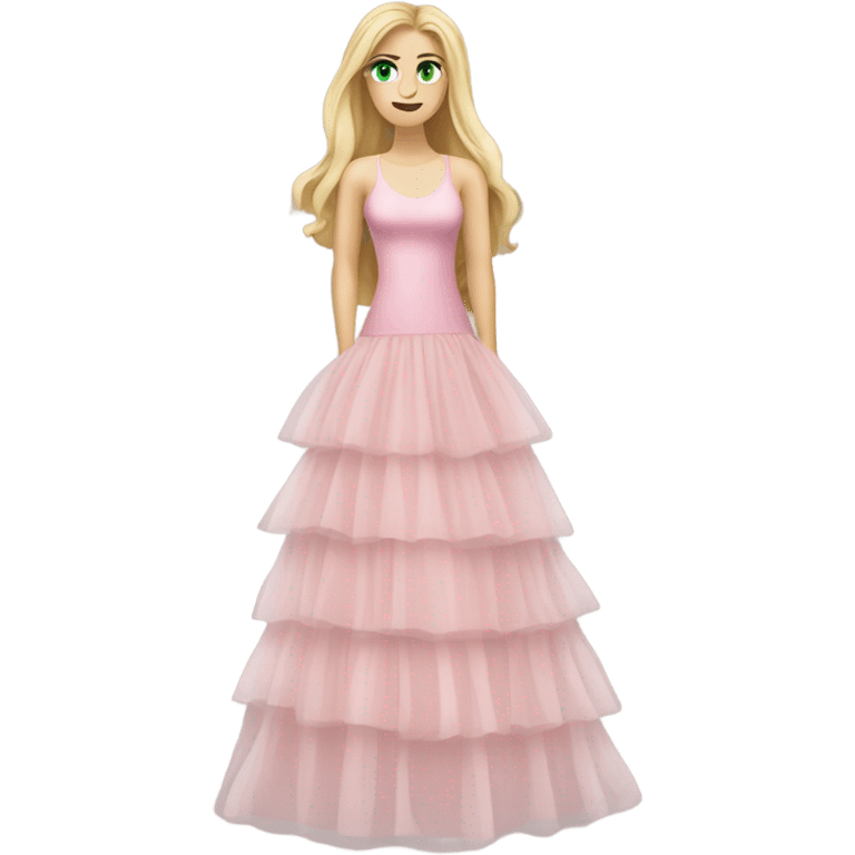 Realistic White woman with Long blonde straight hair and green eyes, full body wearing Long soft pink tiered tulle dress, isolated emoji