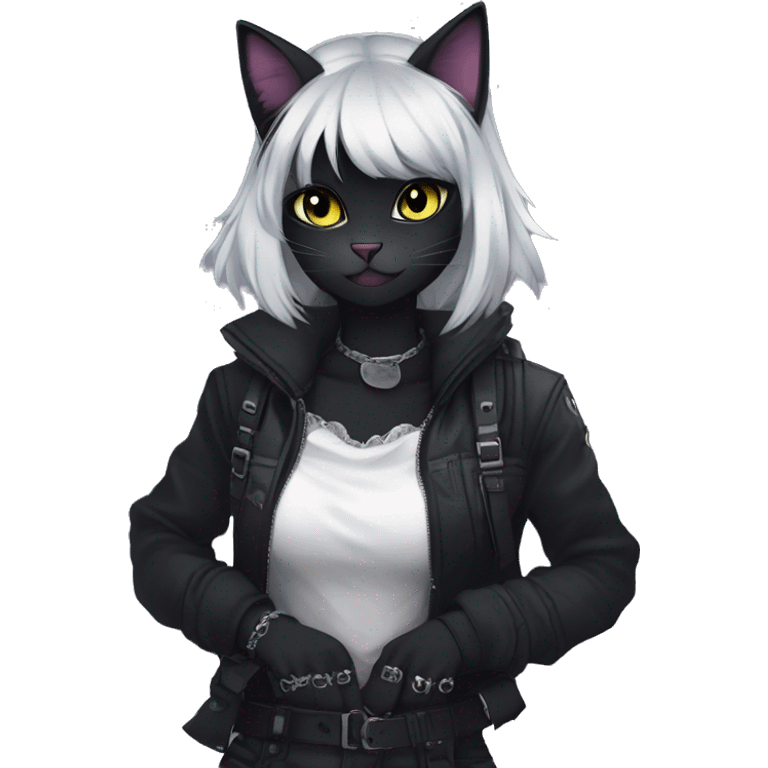 Gorgeous gothic dark techwear anime style anthro black cat furry with blushing face aesthetic and pretty edgy black with collar and harness trending style emoji