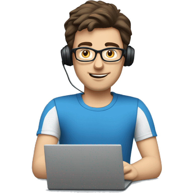 white guy with dark brown hair square glasses typing in laptop wearing blue t-shirt working in call center emoji