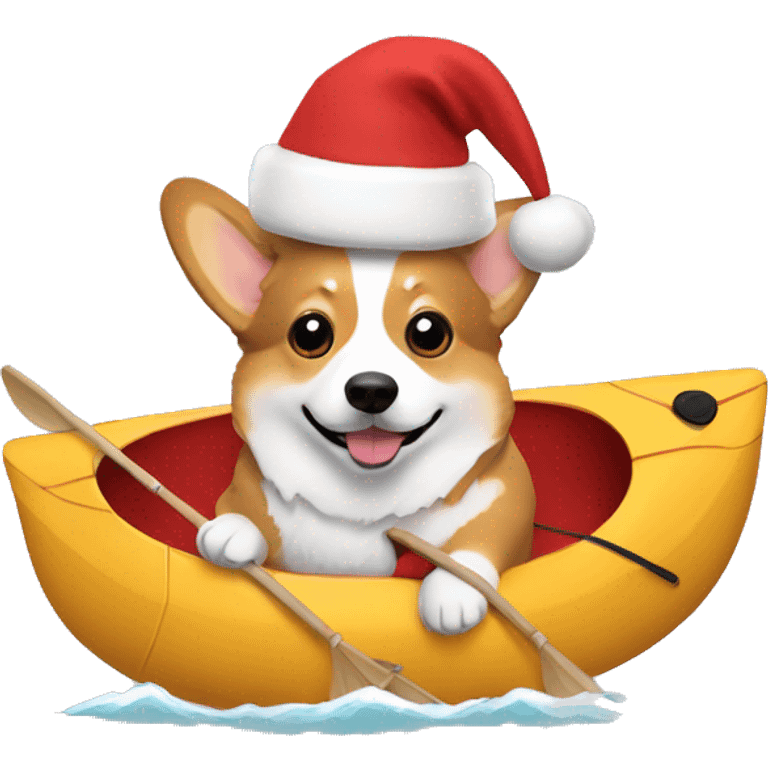 corgi in a kayak with Santa hat emoji