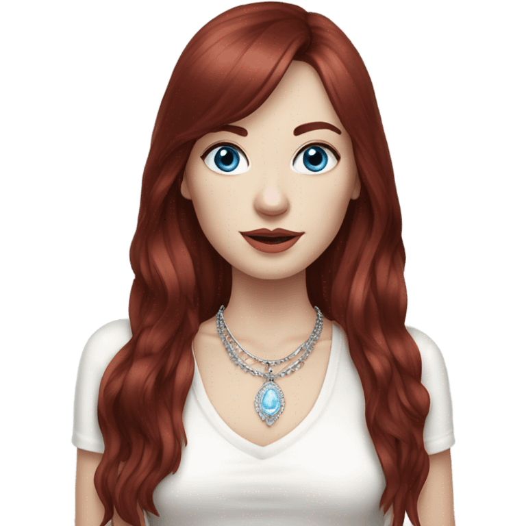 woman with pale skin, blue eyes and long dark red hair with layers and fringe bangs, wearing a white top and silver jewellery emoji