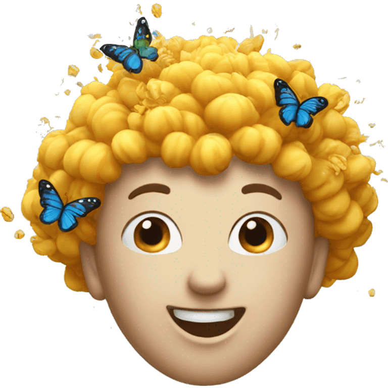 standard exploding head emoji but smiling and with butterflies going out of head emoji