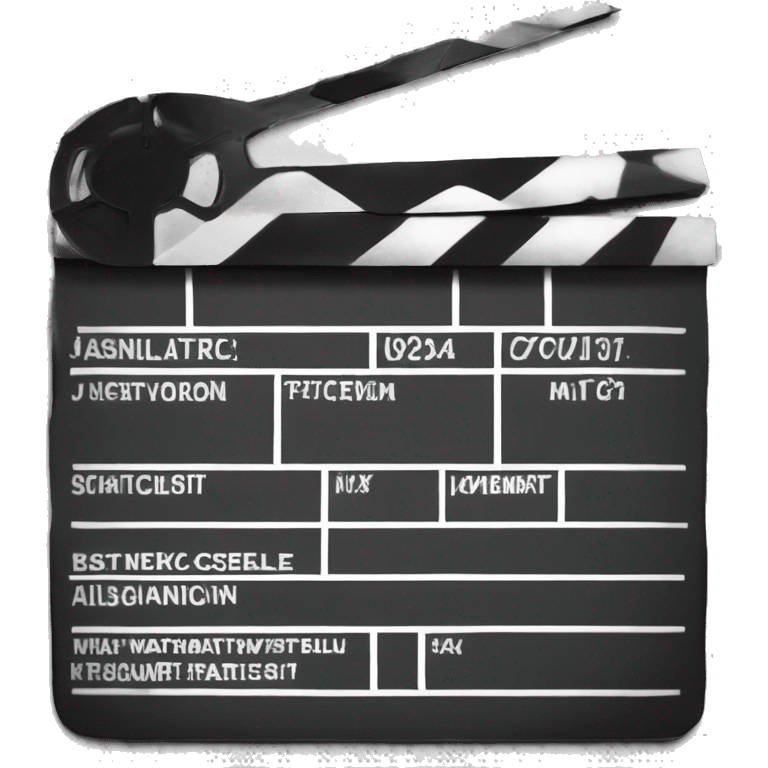 “Create an emoji of a traditional black film clapperboard, commonly used in movies to cut scenes. The clapperboard should feature a black and white striped top and a black base with white lines or text to resemble the classic design.” emoji