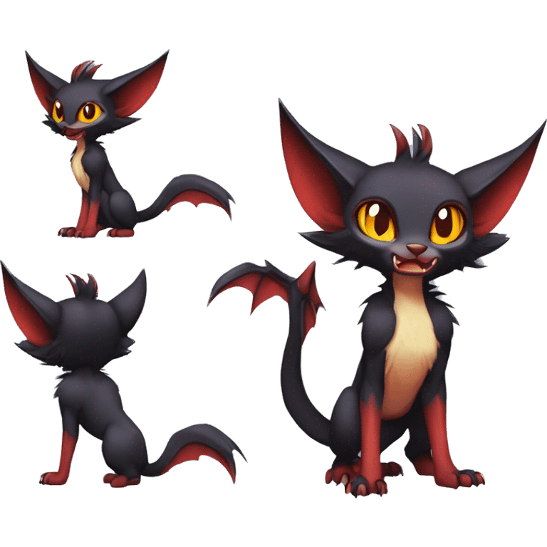 Black cool vampiric Noivern-Litten-Lykoi-Caracal-Fakemon with big bat ears full-body emoji