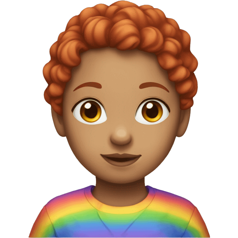 a girl with red curly hair in a pony tail with rainbow shirt emoji