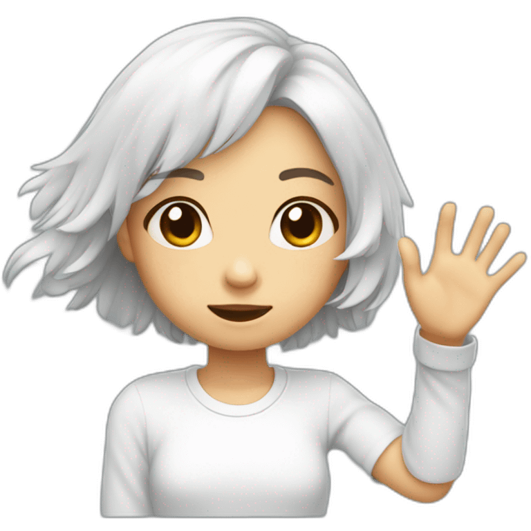 Cute girl with a white sweat a bit shy say hello and wave with hand emoji