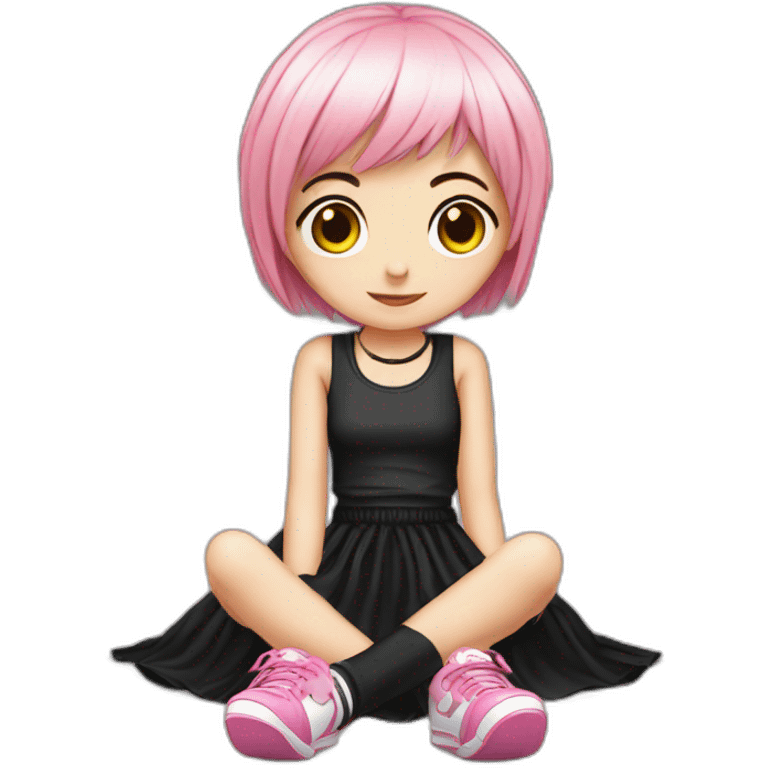 full body Front view emo girl sits on the floor black skirt pink knickers emoji