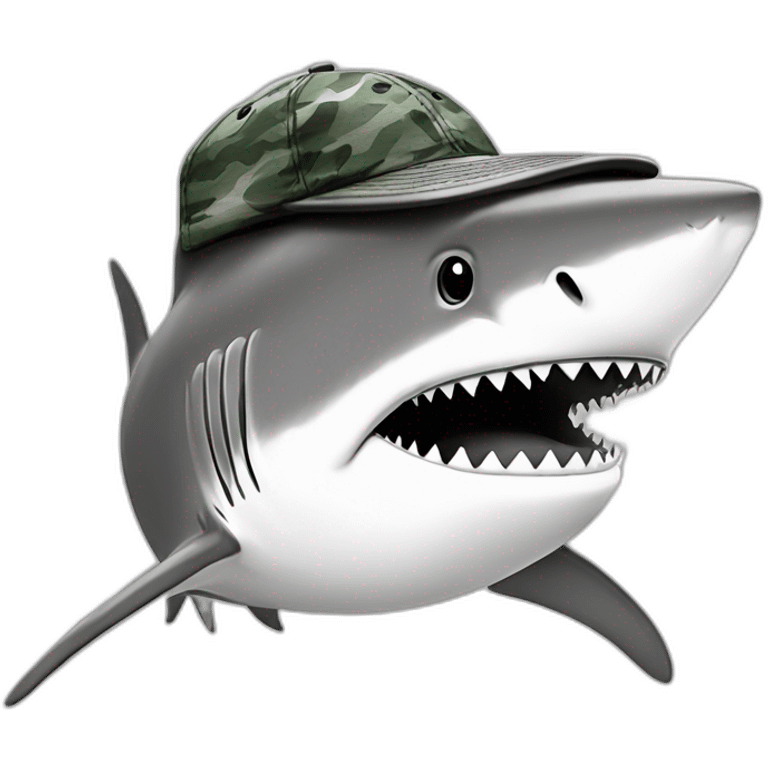 a shark in a ((camouflage cap)),black and white,cartoon,sketched,sketch emoji