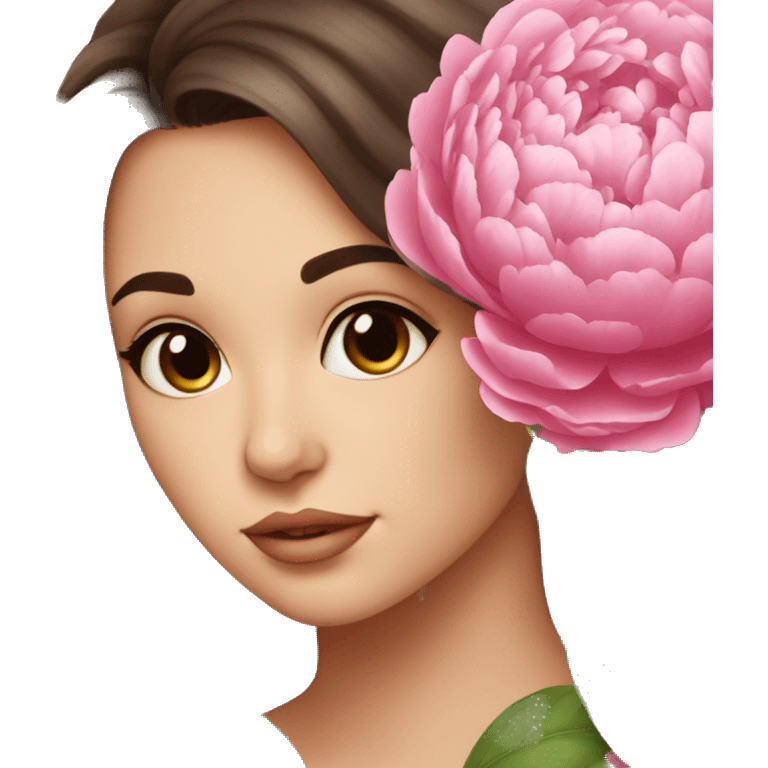 brunette beautiful girl with brown eyes smells  peonies emoji