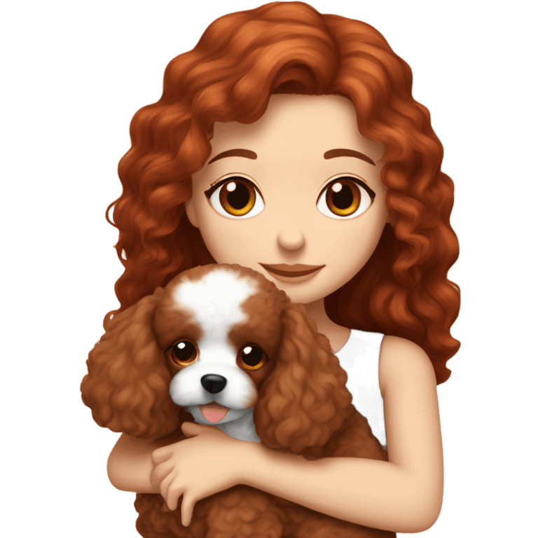 A white girl with long red-brown hair hugging a cute small red brown toy poodle puppy  emoji