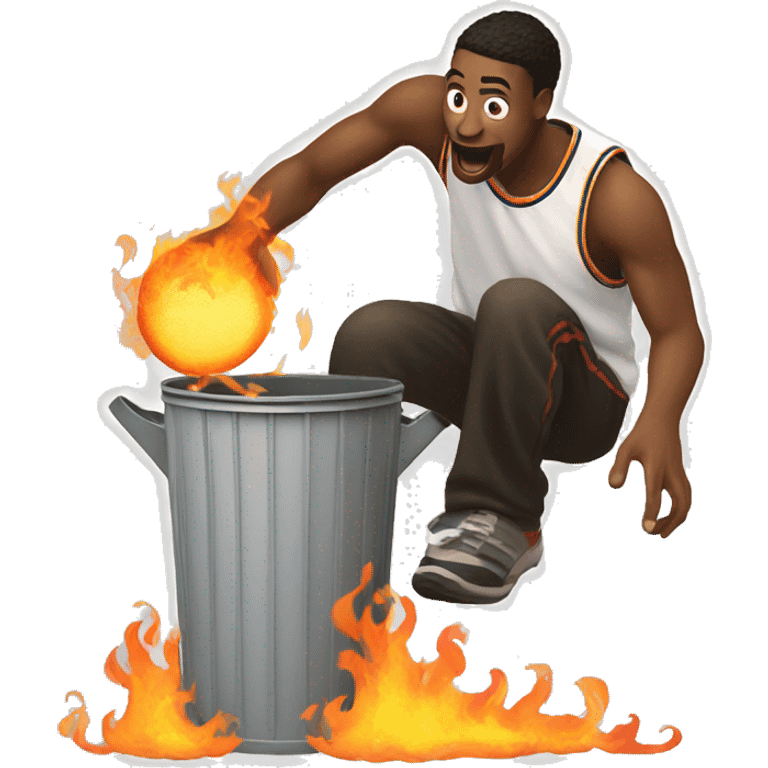 A man dunking a flaming ball into a trash can emoji