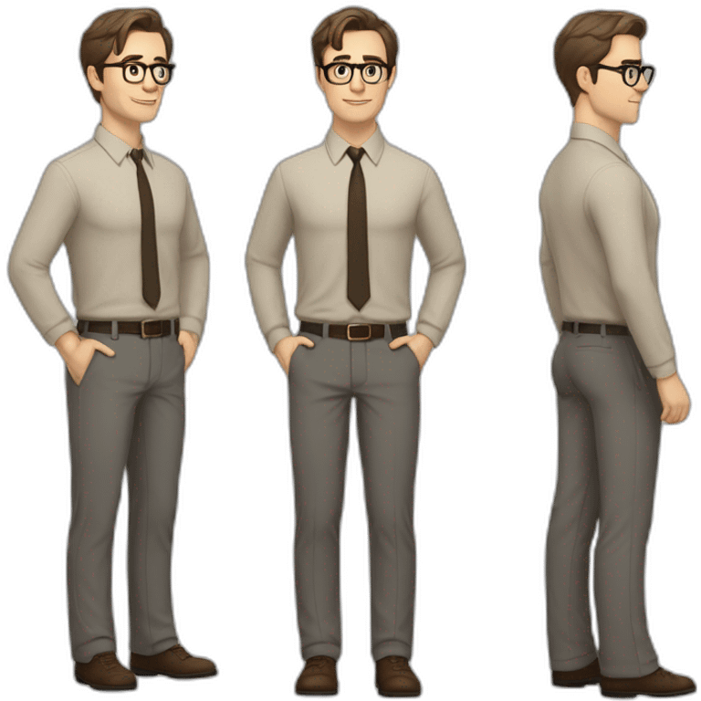 Full height Pale skinned Fit Man With dark brown hair in gray jacket, beige office shirt, tie, Brown pants and vintage glasses. Thrumbs of his palms directed up emoji