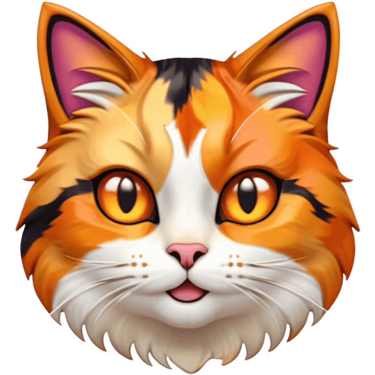 Cinematic Comical Calico Cat Portrait Emoji, Head tilted dramatically with an exaggeratedly surprised expression, showcasing a vibrant patchwork fur of orange, black, and white with wide, comically expressive eyes, simplified yet hilariously detailed, glowing with a sassy, golden radiance, high shine, exuding playful mischief and cheeky feline attitude, styled with a soft glowing outline, capturing the essence of a calico cat that looks ready to leap off the screen with mischievous flair! emoji