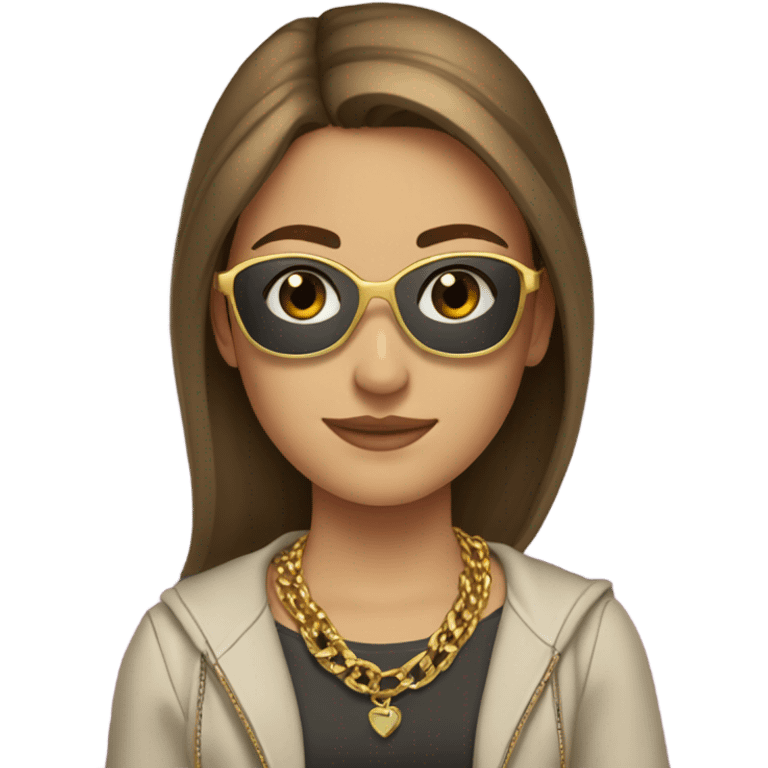 Teen Caucasian girl sitting on couch with brown hair sunglasses and gold necklace  emoji