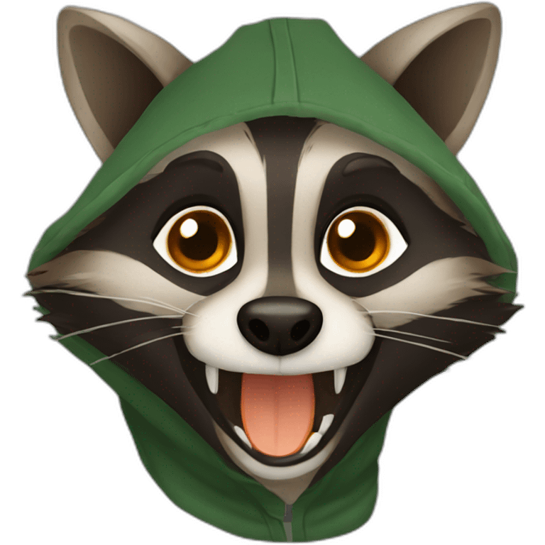 brown raccoon with orange eyes and a dark green hood that is laughing emoji