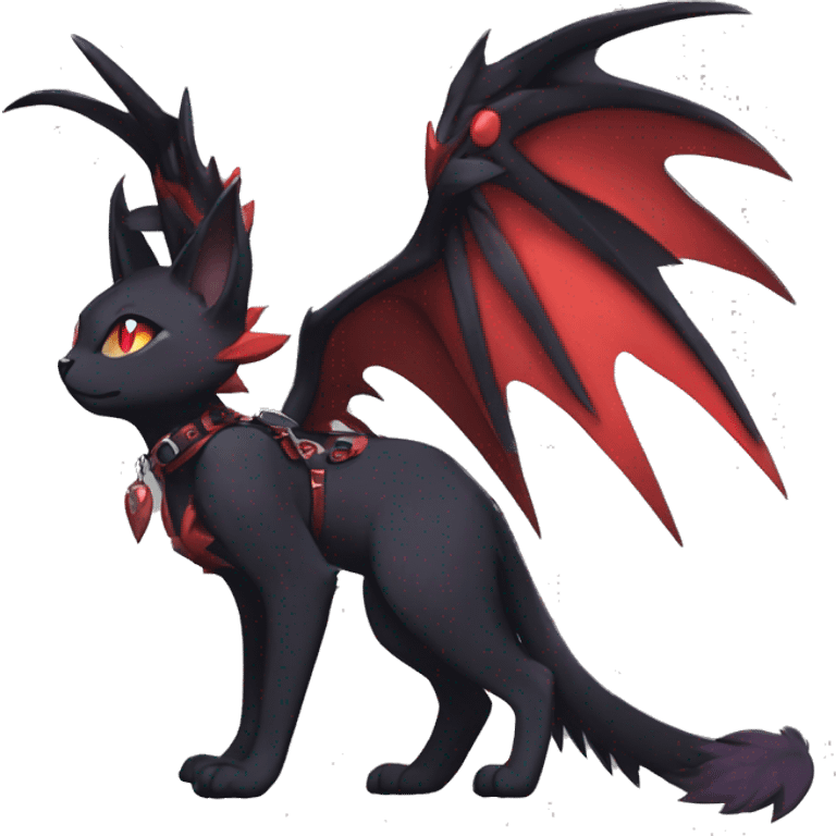 Kawaii cool anthro edgy black red ethereal fantasy nargacuga-noivern-cat-Fakemon collar harness full body emoji